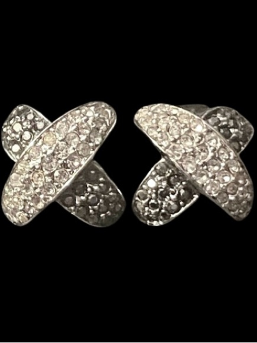 Vtg Kenneth Jay Lane Clip-On Earrings Clear & Black Pave Rhinestones Criss-Cross